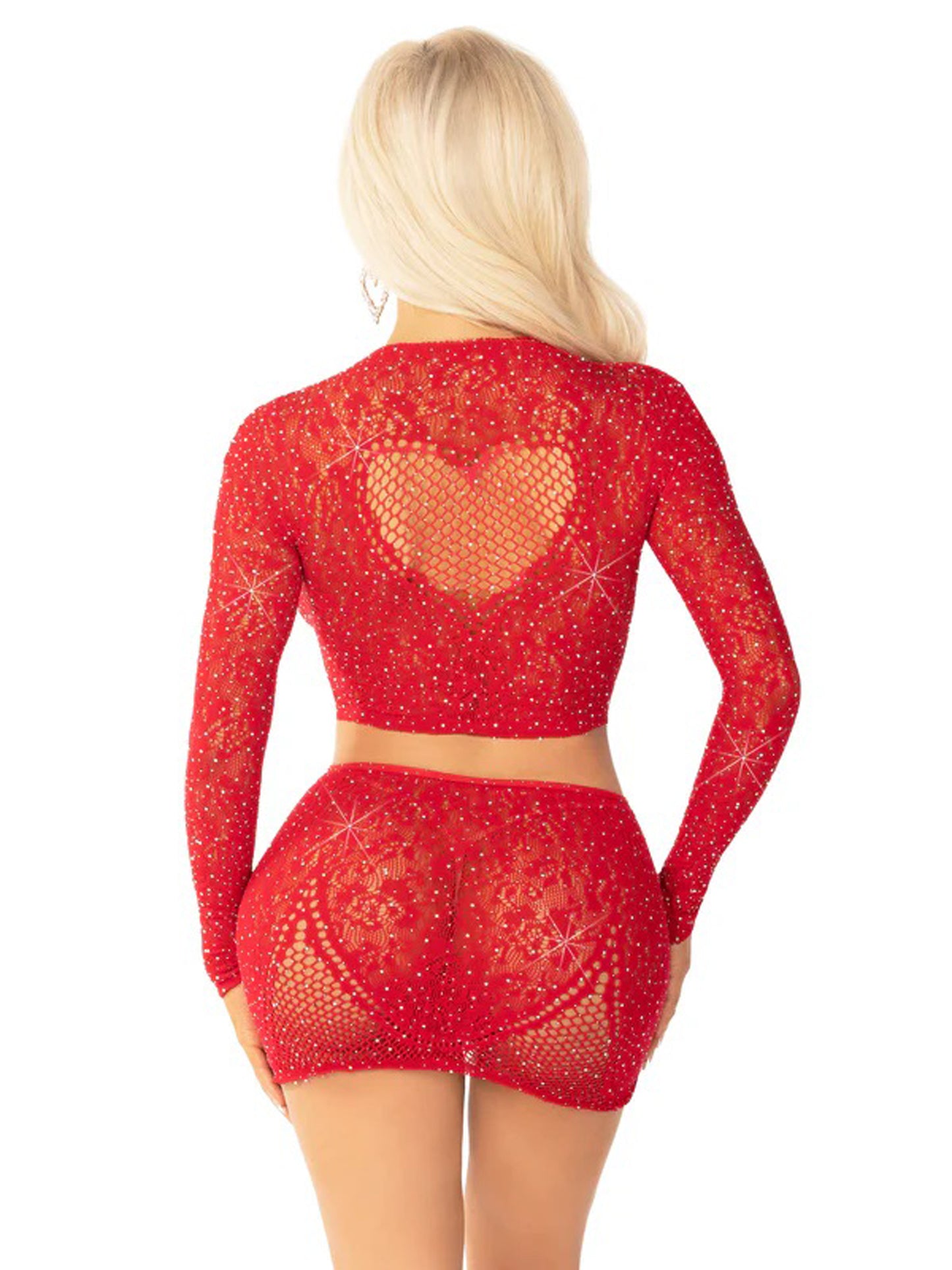 Red 2pc Rhinestone Lace and Net Crop Top with - Heart Keyhole Mini Skirt - Os | 714718573908 | Available at EroticWarehouse.com