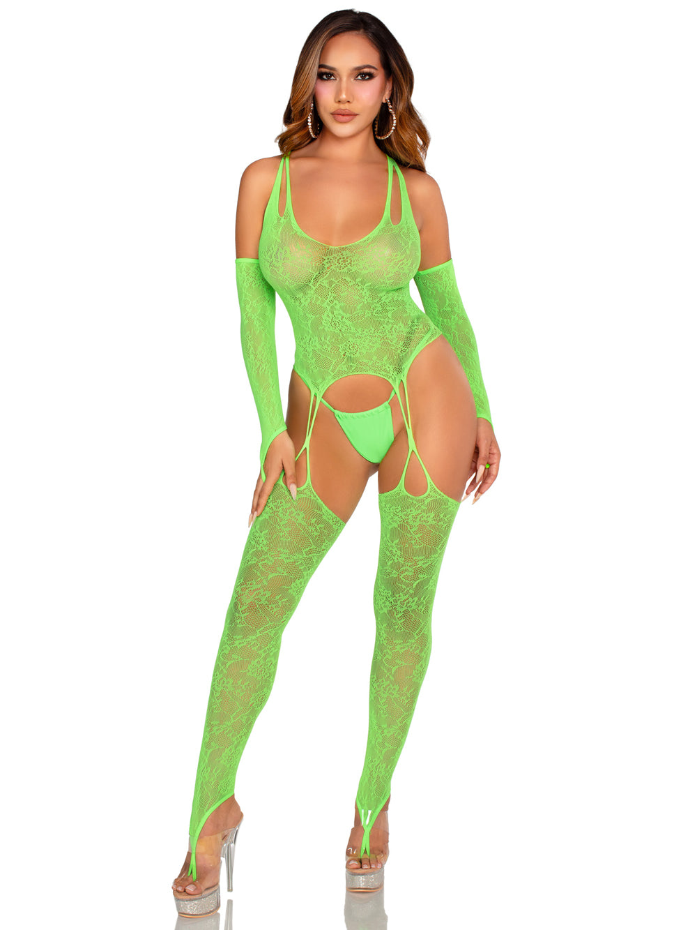 2 Pc Lace Halter Footless Cami Garter With Attached Toe Loop Stockings O/s - Neon Green | 714718574233 | Available at EroticWarehouse.com