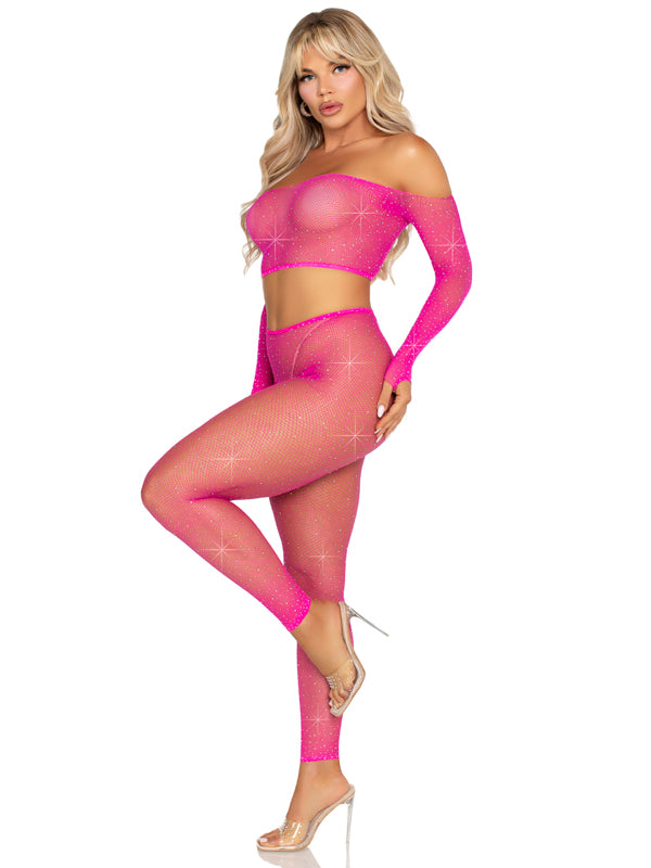 Rhinestone Fishnet Crop Top and Footless Tights O/s - Neon Pink | 714718574523 | Available at EroticWarehouse.com