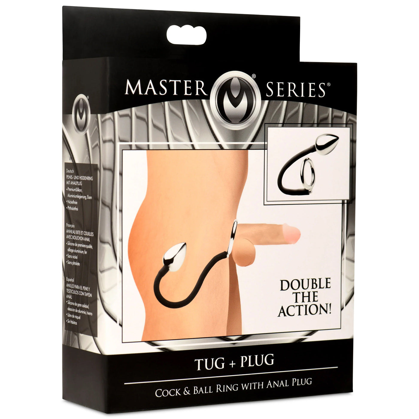 Tug Plus Plug Cock and Ball Ring With Anal Plug - Black | 848518053985 | Available at EroticWarehouse.com