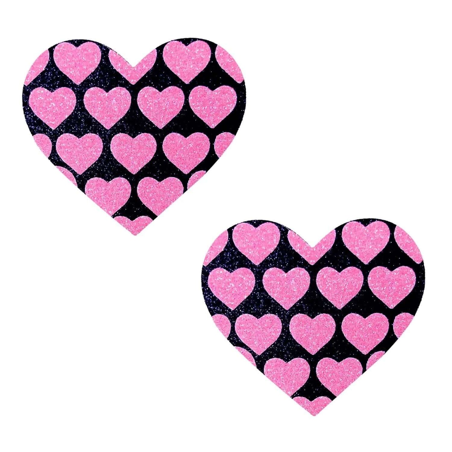 Pink Heart Neon Valentines Black Glitter Heart Nipple Cover Pasties | 672975005047 | Available at EroticWarehouse.com