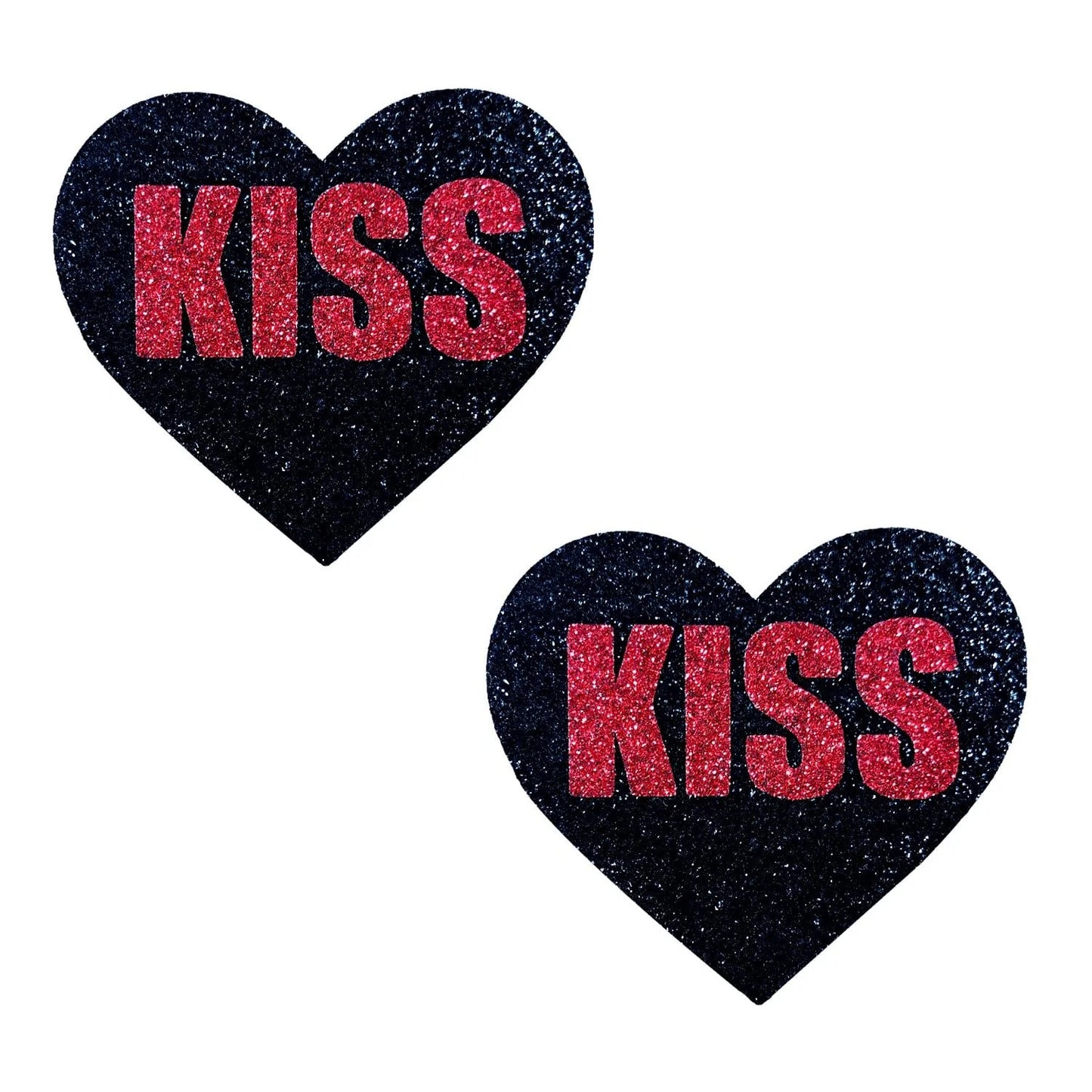 Kiss Red and Black Valentine Glitter Heart Nipple Cover Pasties | 672975005061 | Available at EroticWarehouse.com