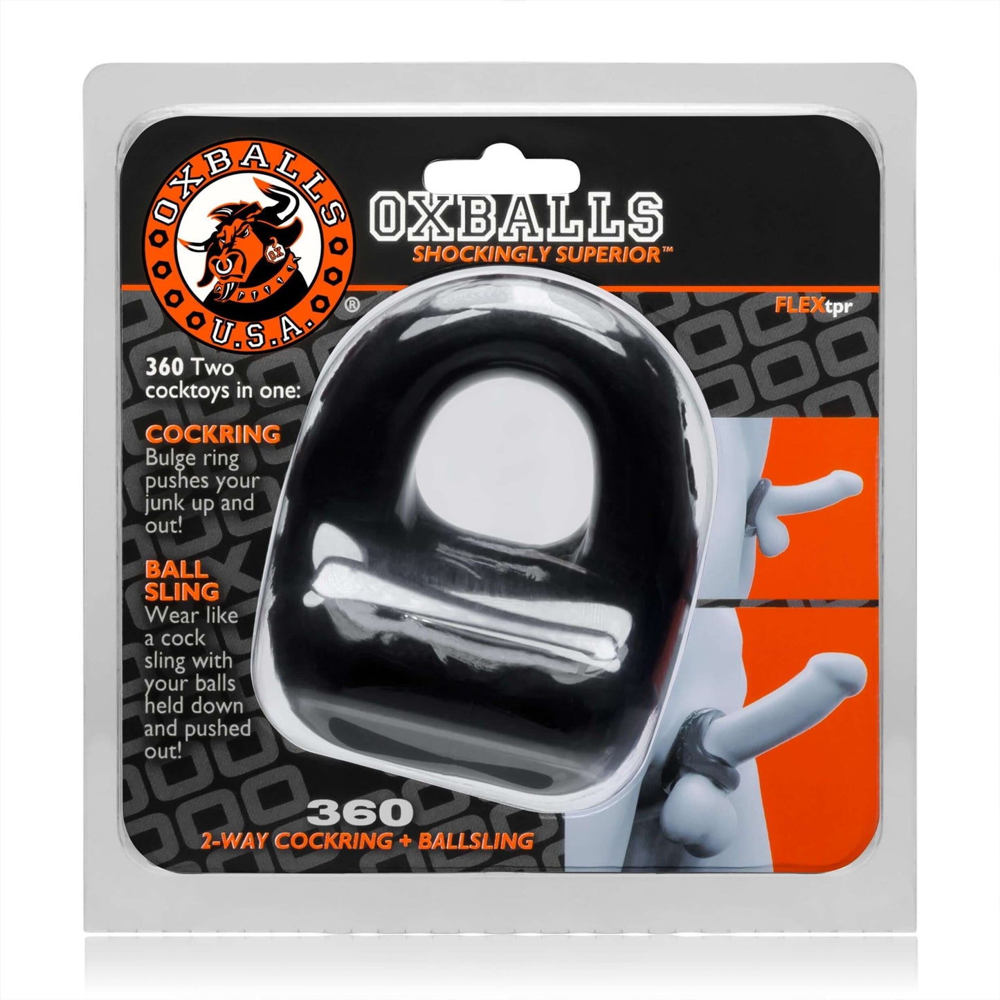 360 2- Way Cockring and Ballsling - Black | 840215118844 | Available at EroticWarehouse.com