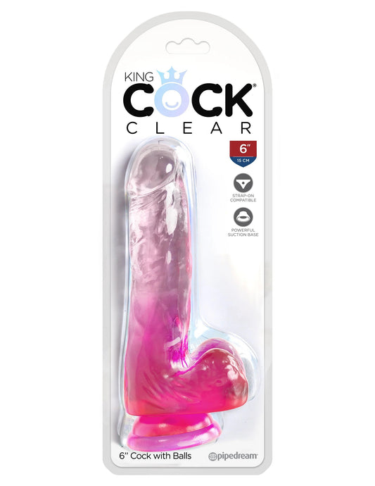 King Cock Clear 6 Inch With Balls - Pink | 603912774955 | Available at EroticWarehouse.com