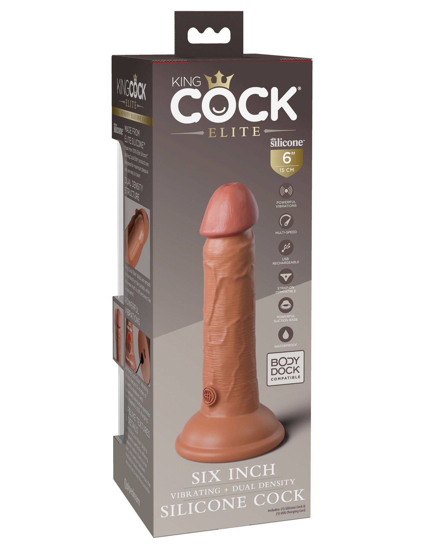 King Cock Elite 6 Inch Vibrating Silicone Dual Silicone Dual Density Cock - Tan | 603912769395 | Available at EroticWarehouse.com