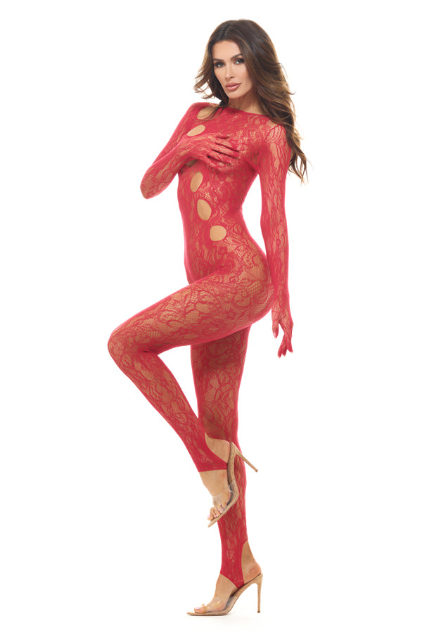 Split Up Lace Bodystocking - Red - Os | 198441043837 | Available at EroticWarehouse.com
