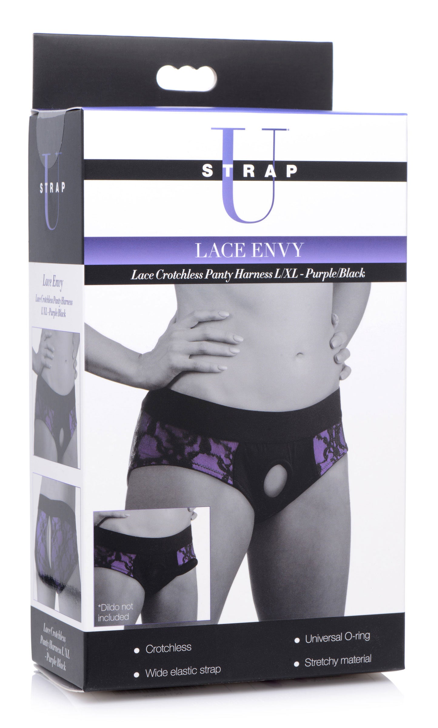 Lace Envy Crotchless Panty Harness - S/ M Black and Purple | 848518037497 | Available at EroticWarehouse.com