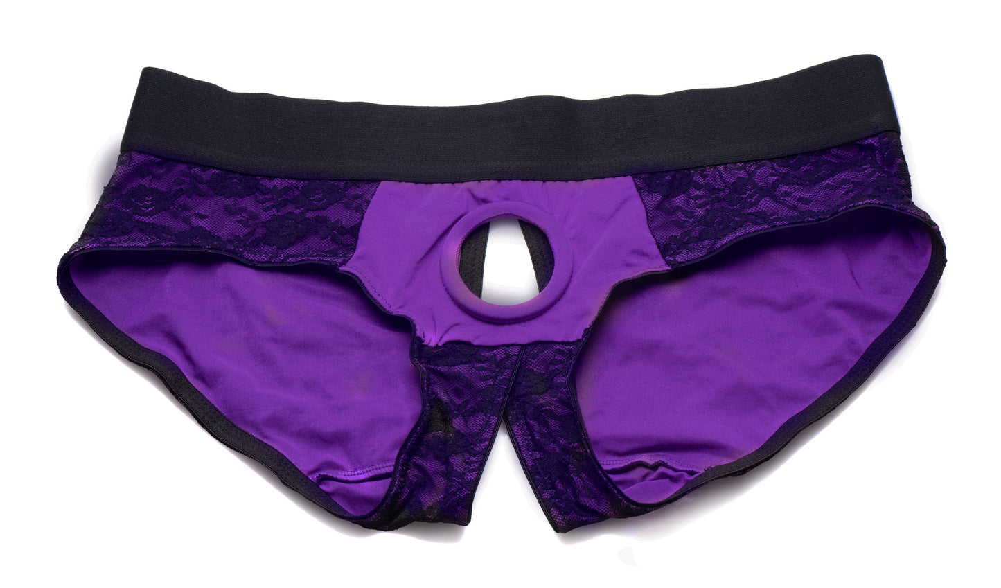 Lace Envy Crotchless Panty Harness - S/ M Black and Purple | 848518037497 | Available at EroticWarehouse.com