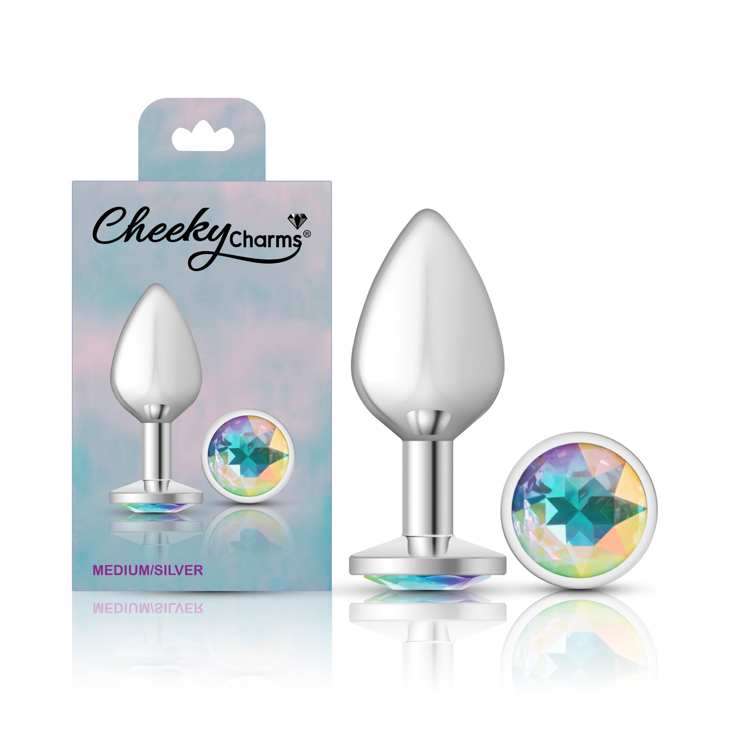 Cheeky Charms-Silver Metal Butt Plug- Round-Clear-Medium | 850018691154 | Available at EroticWarehouse.com