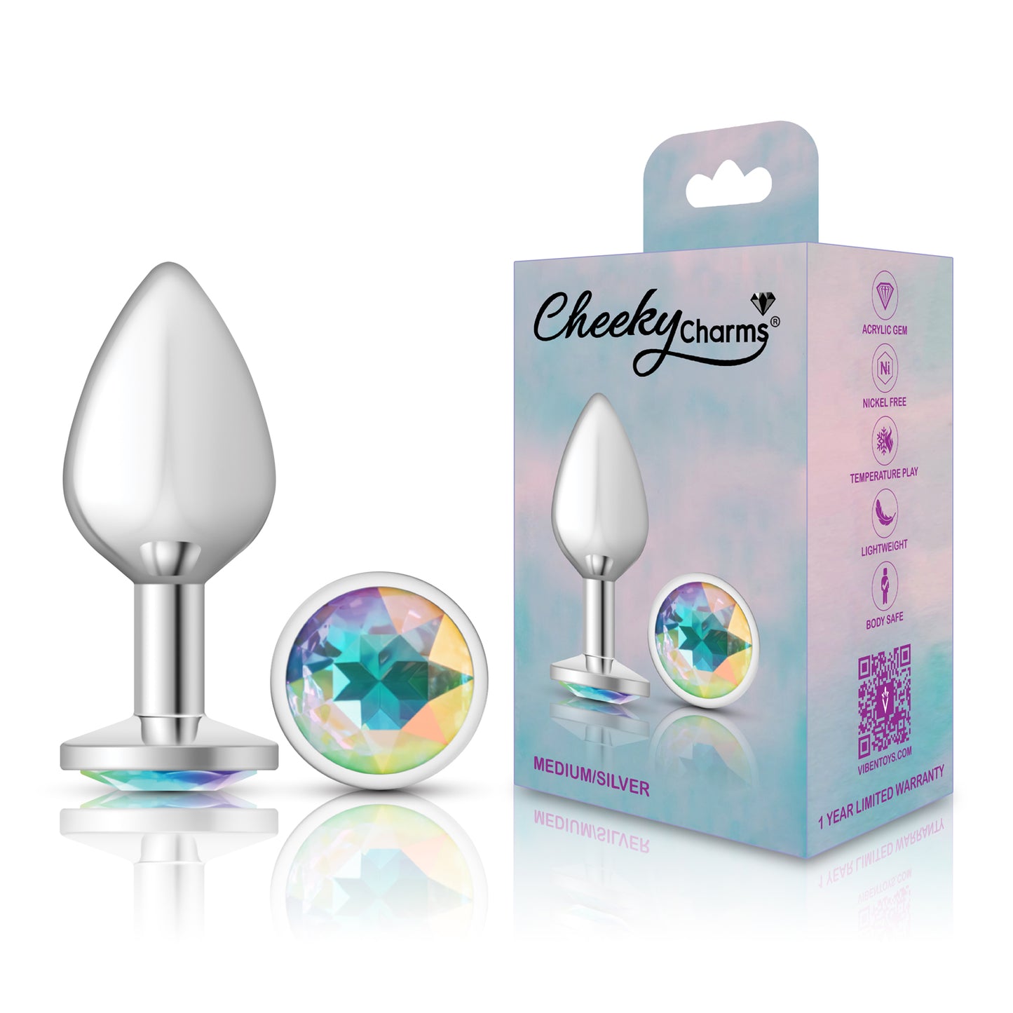 Cheeky Charms-Silver Metal Butt Plug- Round-Clear-Medium | 850018691154 | Available at EroticWarehouse.com