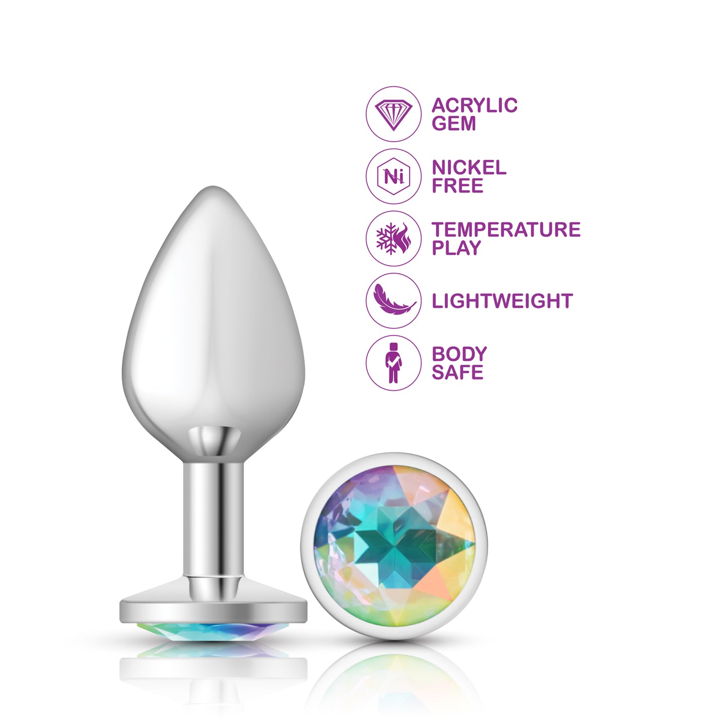 Cheeky Charms-Silver Metal Butt Plug- Round-Clear-Medium | 850018691154 | Available at EroticWarehouse.com