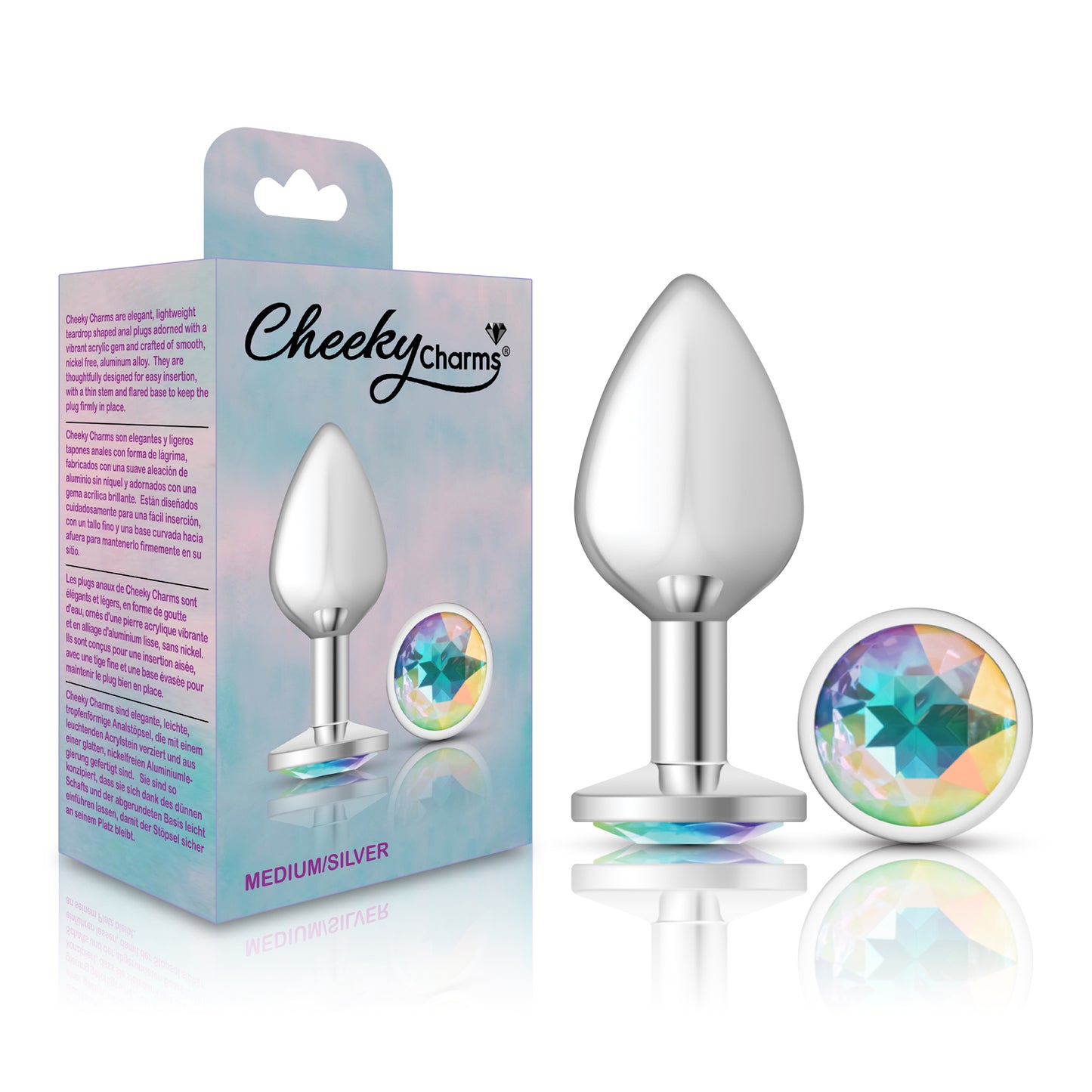 Cheeky Charms-Silver Metal Butt Plug- Round-Clear-Medium | 850018691154 | Available at EroticWarehouse.com