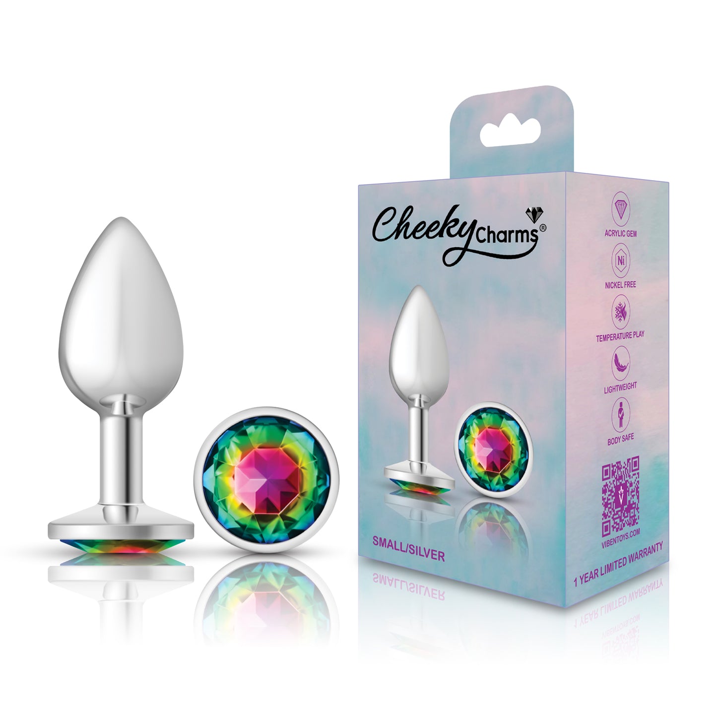 Cheeky Charms-Silver Metal Butt Plug- Round-Rainbow-Small | 850018691178 | Available at EroticWarehouse.com