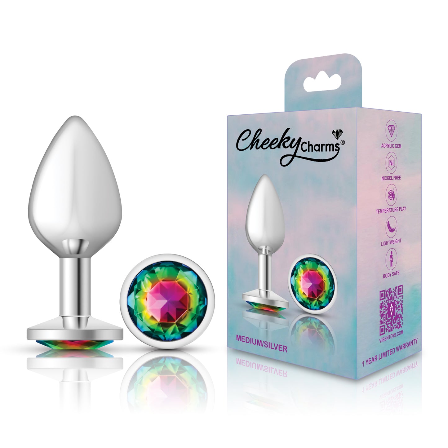 Cheeky Charms-Silver Metal Butt Plug- Round-Rainbow-Medium | 850018691185 | Available at EroticWarehouse.com