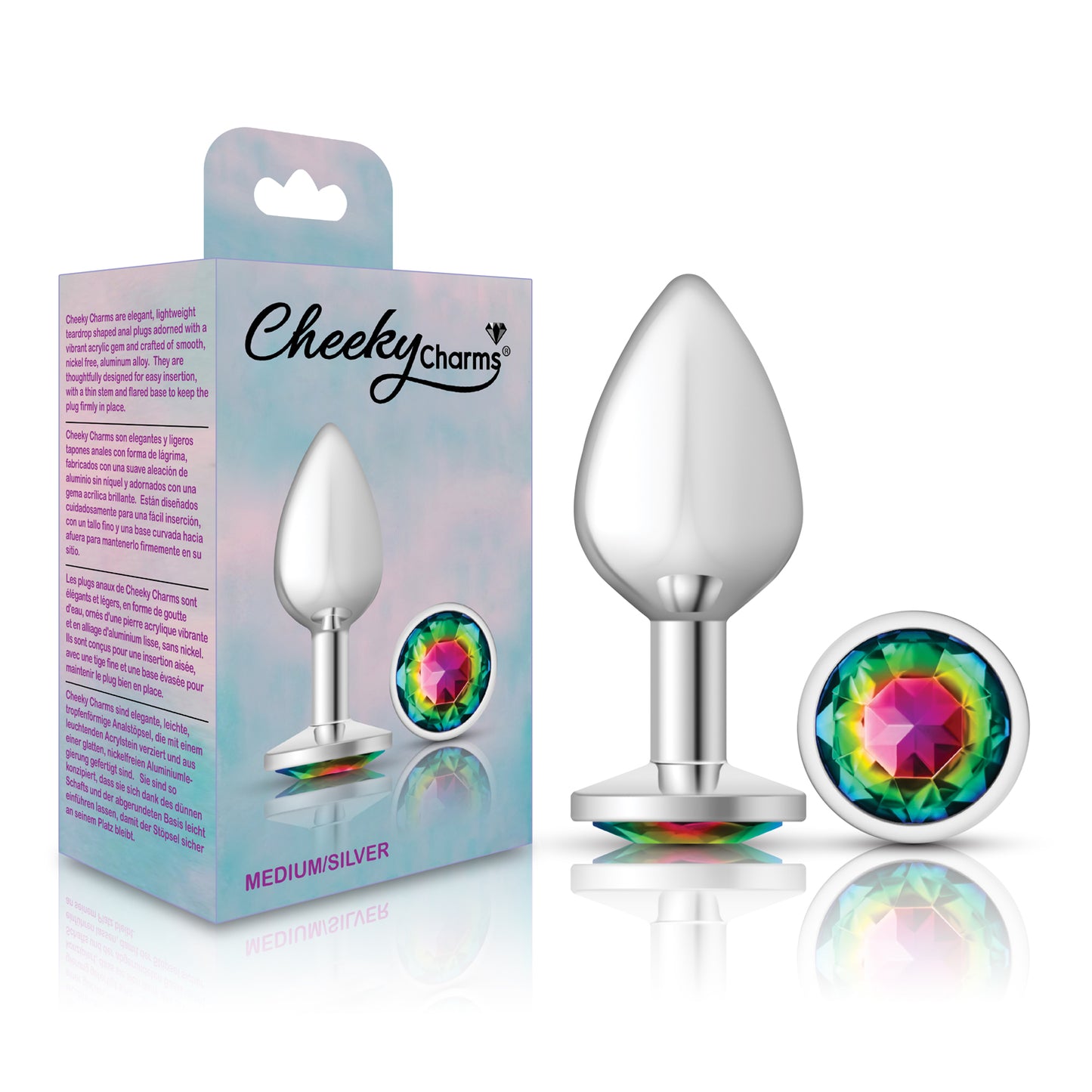 Cheeky Charms-Silver Metal Butt Plug- Round-Rainbow-Medium | 850018691185 | Available at EroticWarehouse.com