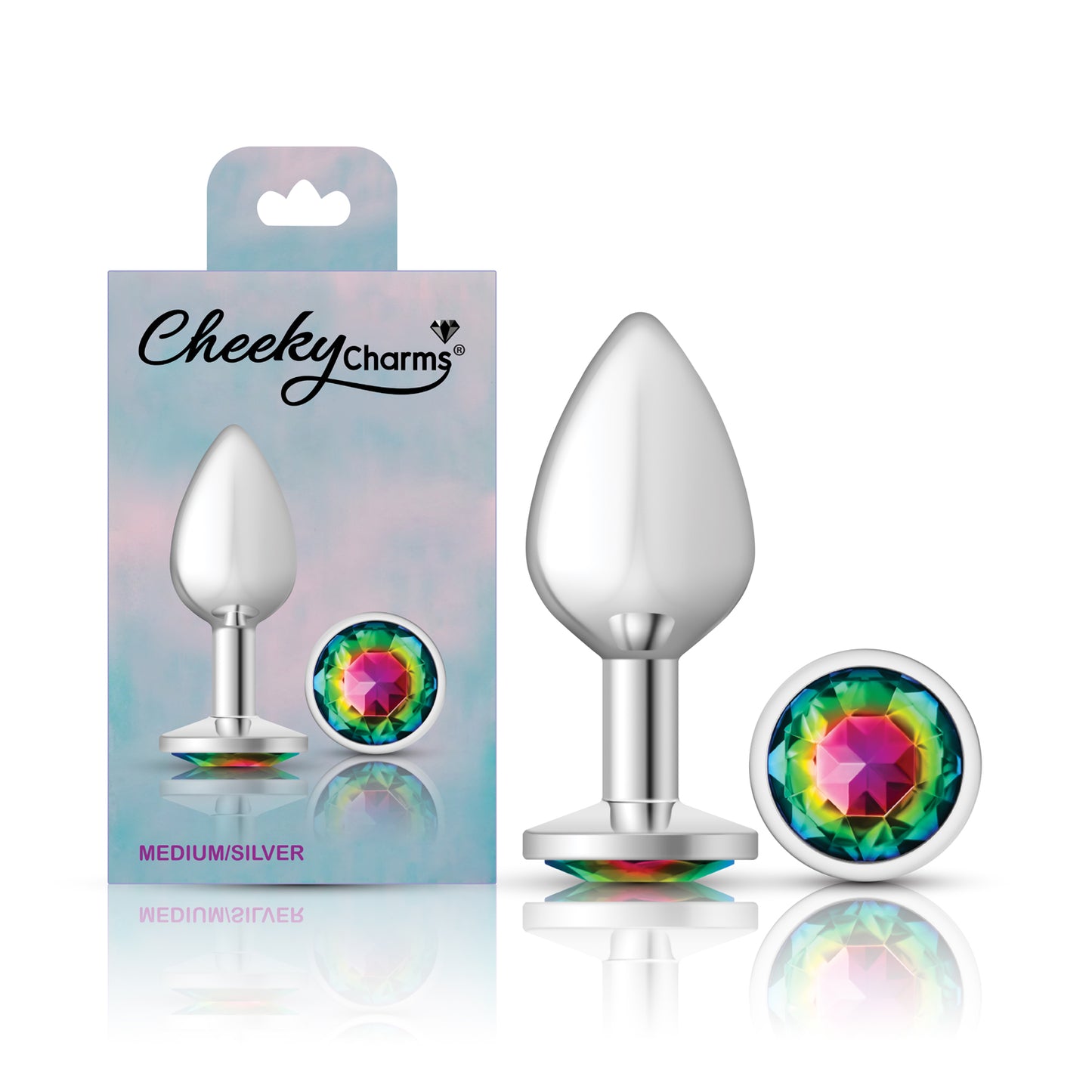 Cheeky Charms-Silver Metal Butt Plug- Round-Rainbow-Medium | 850018691185 | Available at EroticWarehouse.com