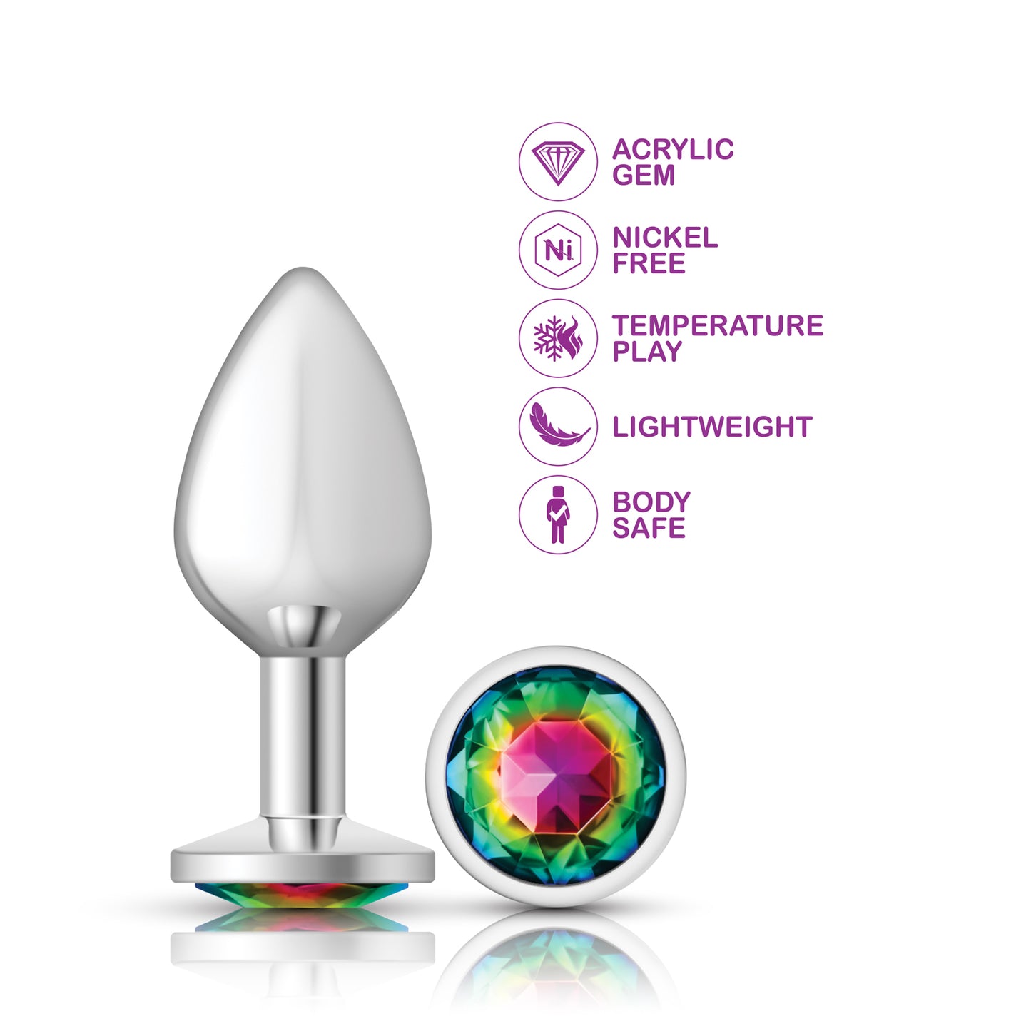 Cheeky Charms-Silver Metal Butt Plug- Round-Rainbow-Medium | 850018691185 | Available at EroticWarehouse.com
