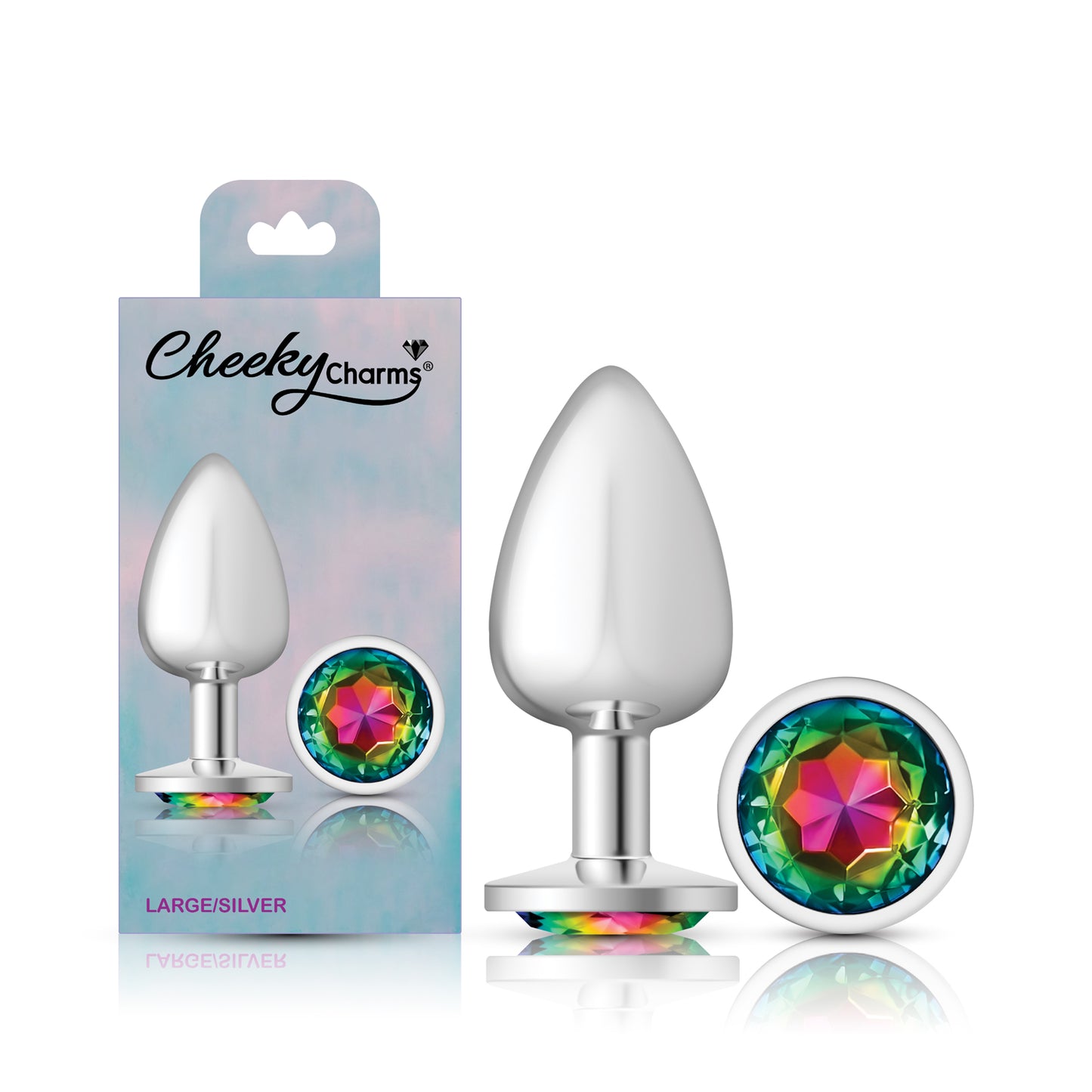 Cheeky Charms-Silver Metal Butt Plug- Round-Rainbow-Large | 850018691192 | Available at EroticWarehouse.com