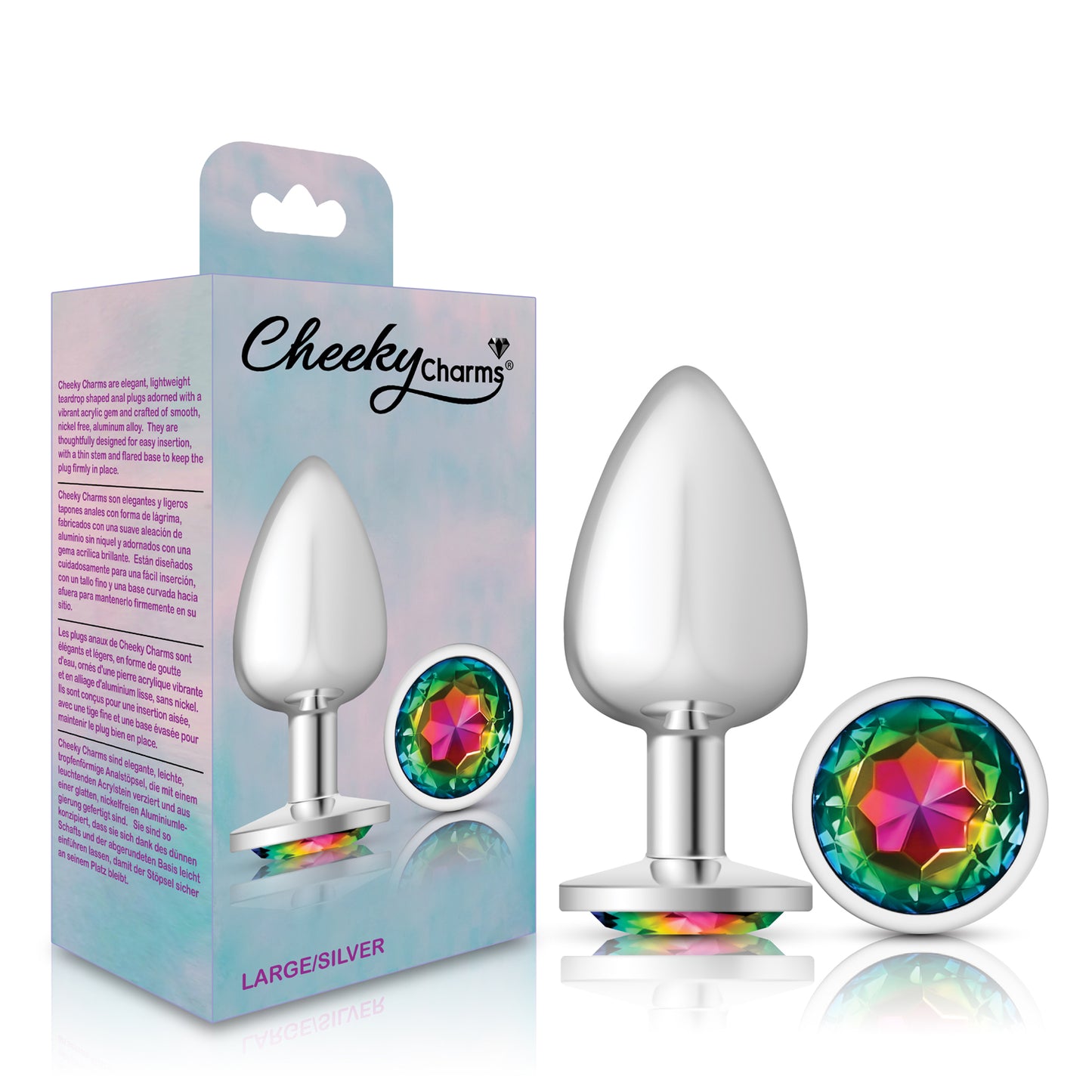 Cheeky Charms-Silver Metal Butt Plug- Round-Rainbow-Large | 850018691192 | Available at EroticWarehouse.com