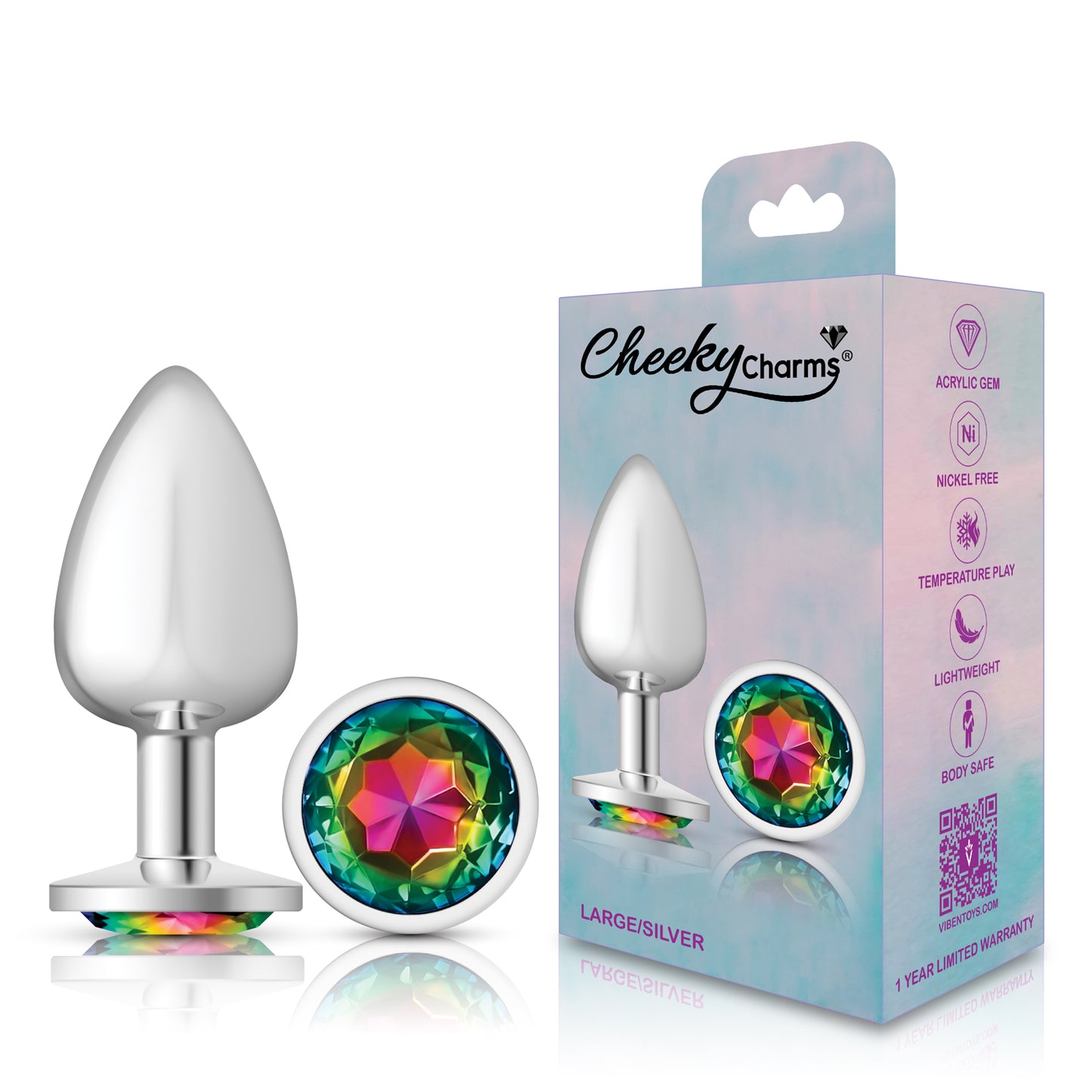Cheeky Charms-Silver Metal Butt Plug- Round-Rainbow-Large | 850018691192 | Available at EroticWarehouse.com