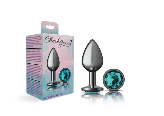 Cheeky Charms-Gunmetal Metal Butt Plug- Round-Teal-Medium | 850018691215 | Available at EroticWarehouse.com