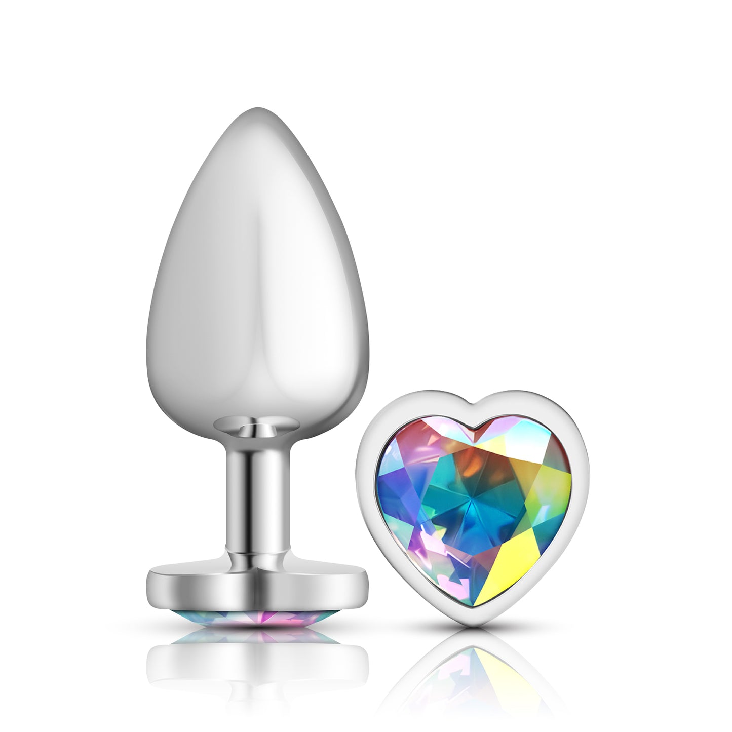 Cheeky Charms-Silver Metal Butt Plug- Heart-Clear-Large | 850018691284 | Available at EroticWarehouse.com