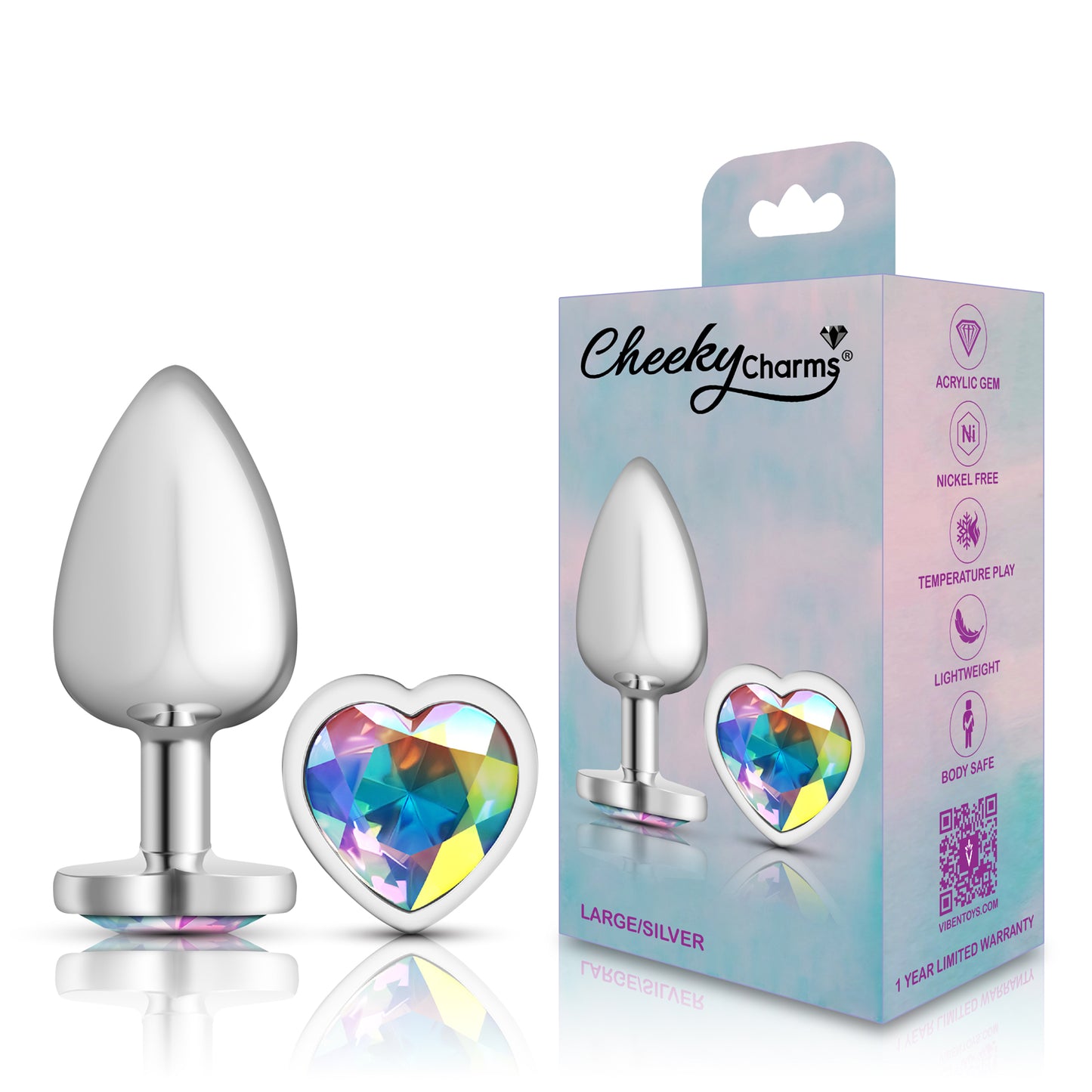 Cheeky Charms-Silver Metal Butt Plug- Heart-Clear-Large | 850018691284 | Available at EroticWarehouse.com