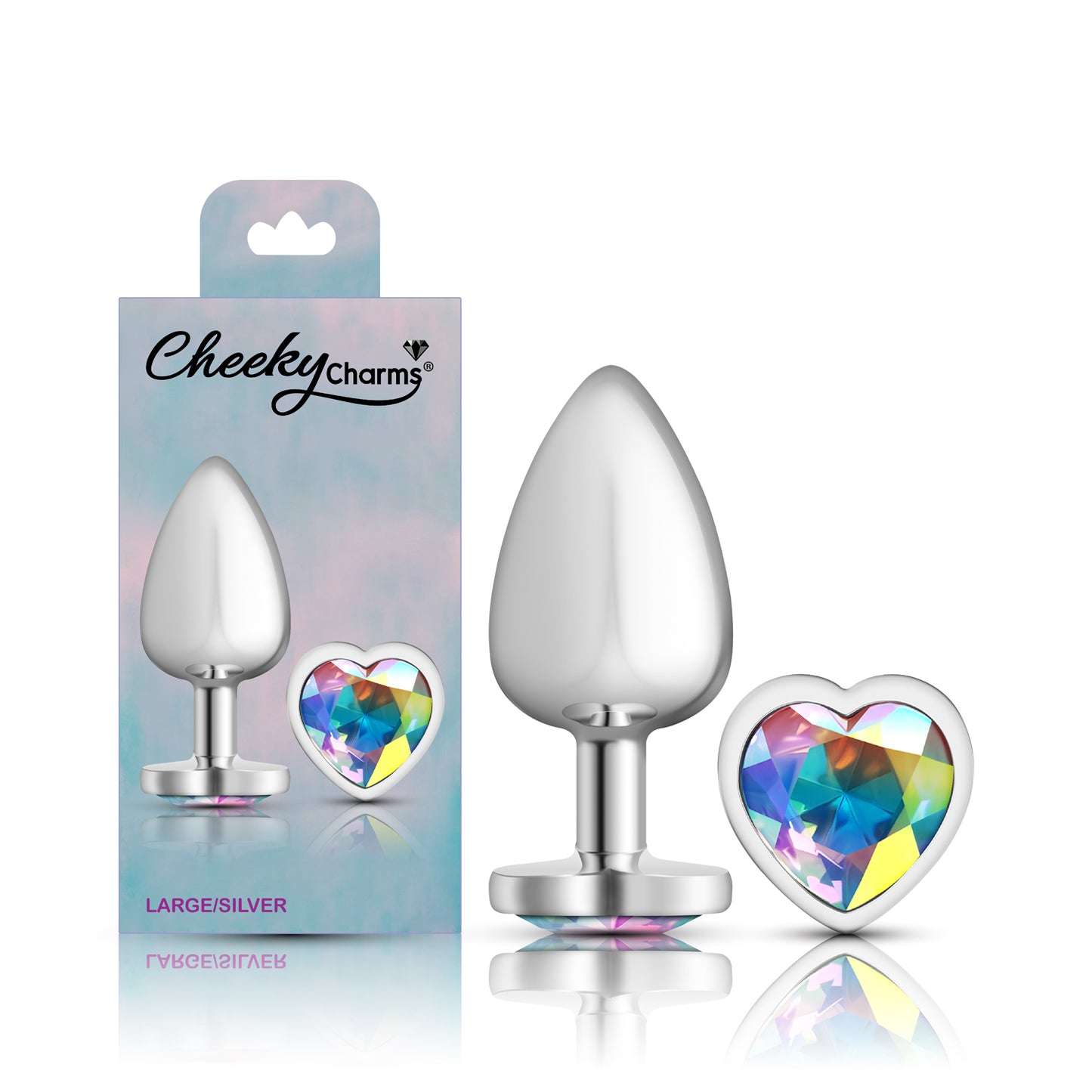 Cheeky Charms-Silver Metal Butt Plug- Heart-Clear-Large | 850018691284 | Available at EroticWarehouse.com