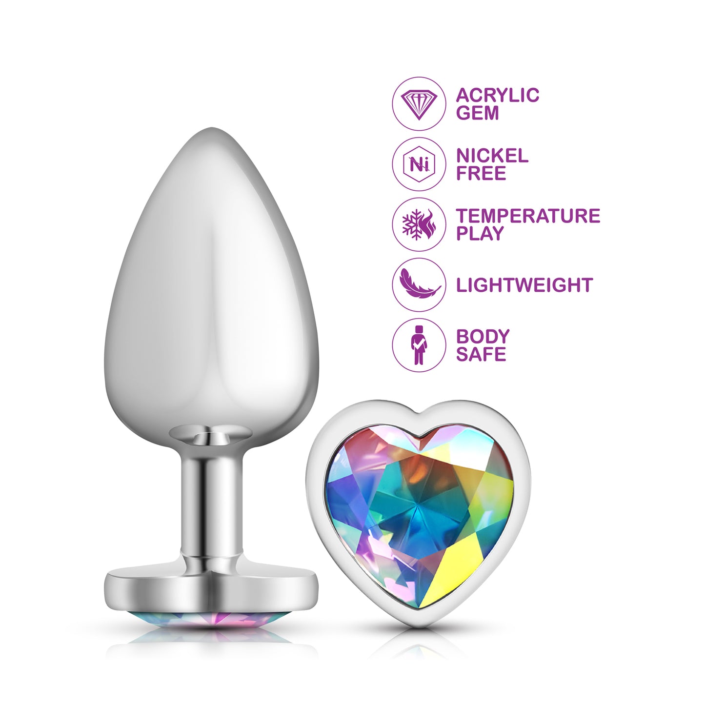 Cheeky Charms-Silver Metal Butt Plug- Heart-Clear-Large | 850018691284 | Available at EroticWarehouse.com