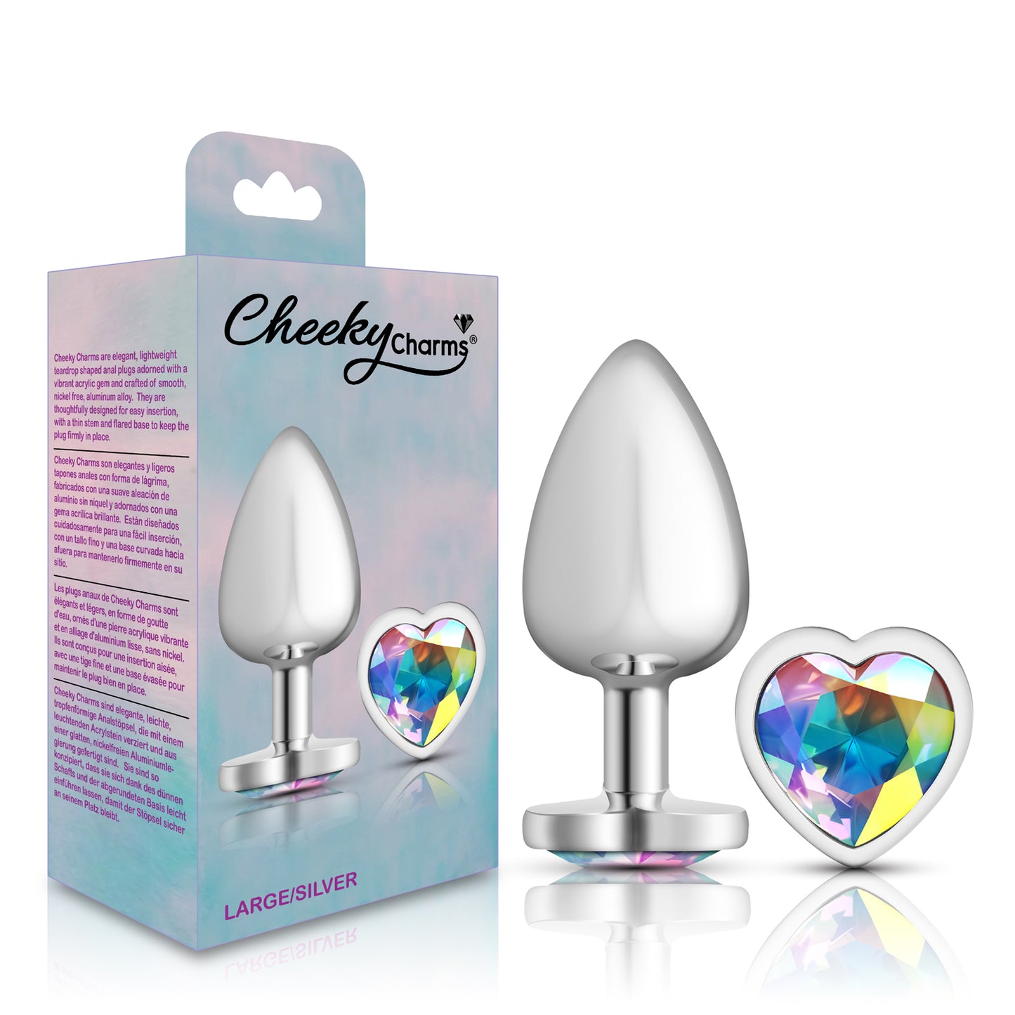 Cheeky Charms-Silver Metal Butt Plug- Heart-Clear-Large | 850018691284 | Available at EroticWarehouse.com