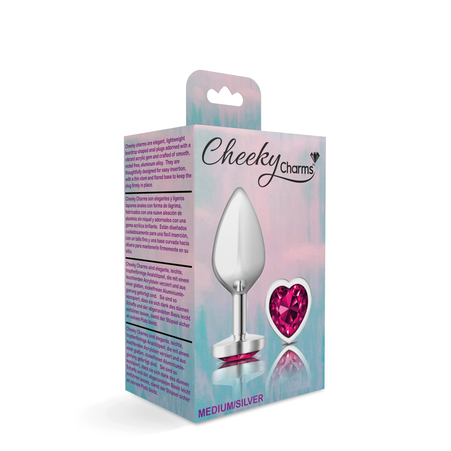 Cheeky Charms-Silver Metal Butt Plug- Heart-Bright Pink-Medium | 850018691307 | Available at EroticWarehouse.com