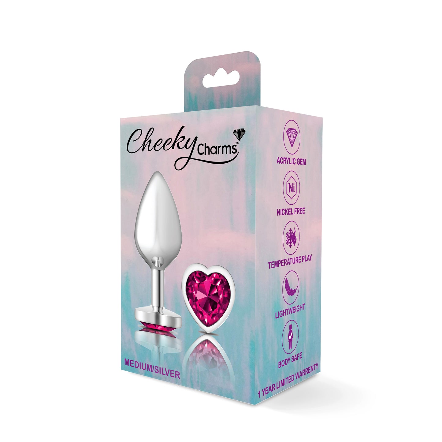 Cheeky Charms-Silver Metal Butt Plug- Heart-Bright Pink-Medium | 850018691307 | Available at EroticWarehouse.com