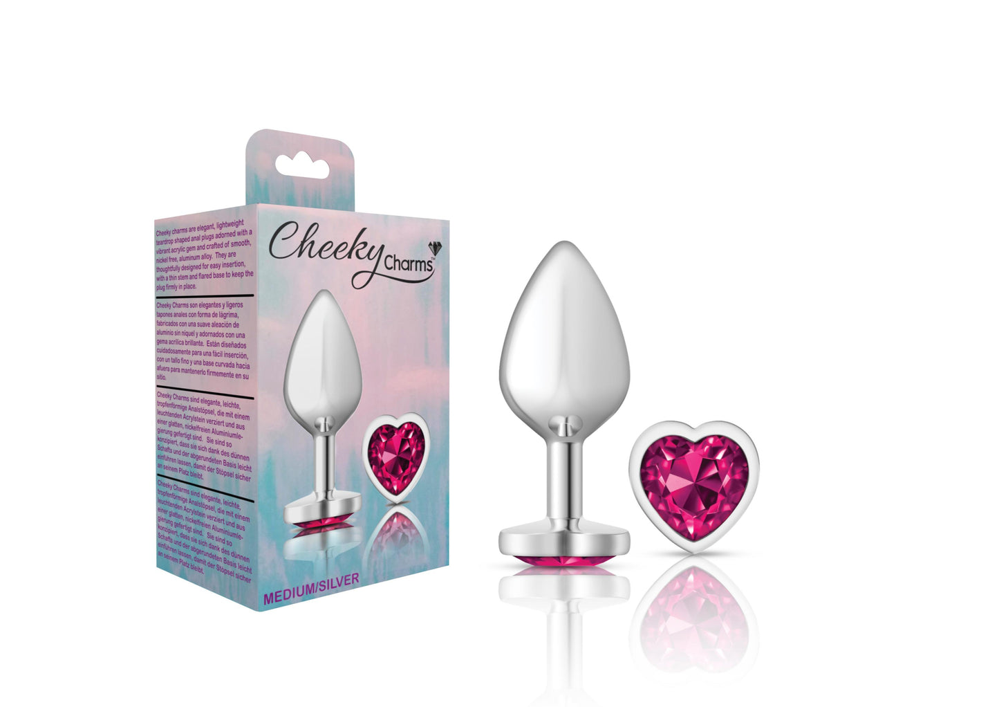 Cheeky Charms-Silver Metal Butt Plug- Heart-Bright Pink-Medium | 850018691307 | Available at EroticWarehouse.com