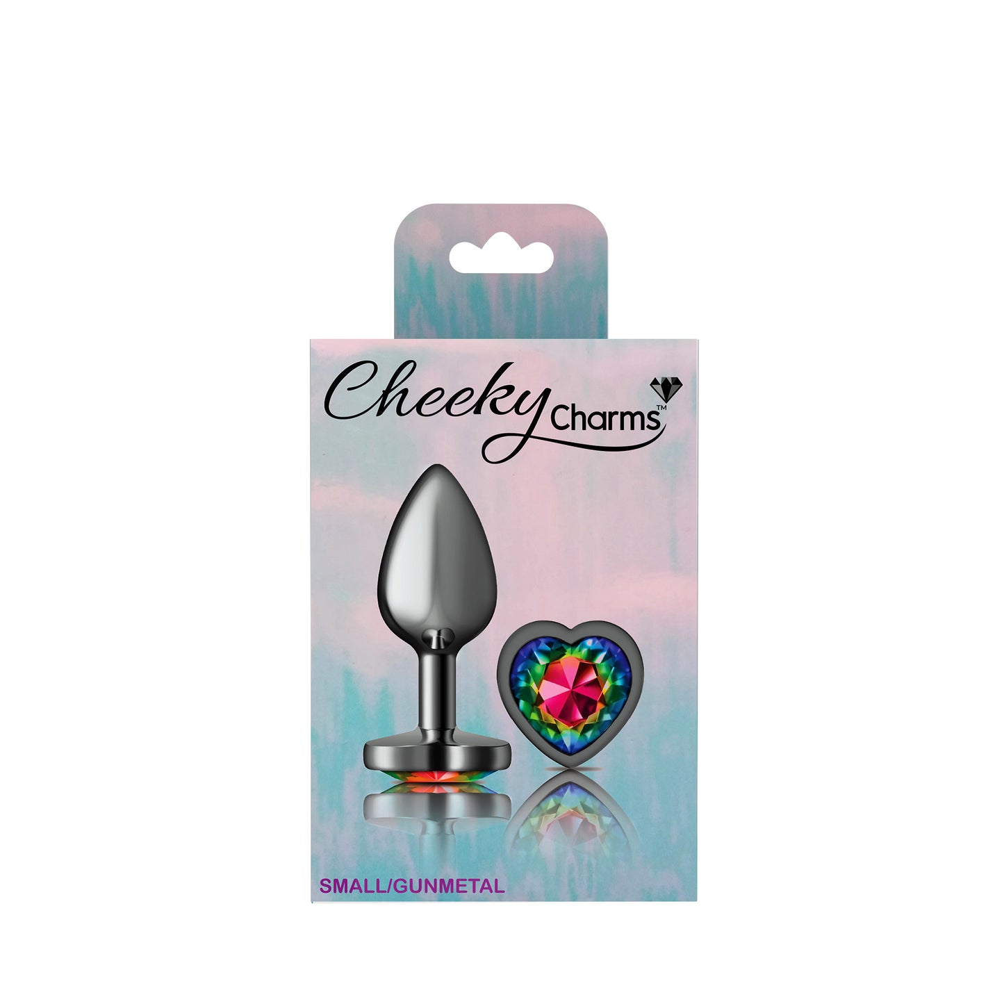 Cheeky Charms-Gunmetal Metal Butt Plug- Heart-Rainbow-Small | 850018691321 | Available at EroticWarehouse.com
