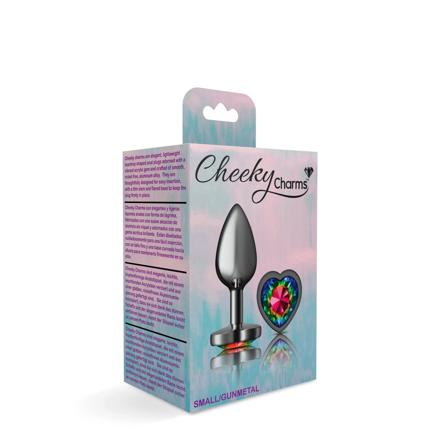 Cheeky Charms-Gunmetal Metal Butt Plug- Heart-Rainbow-Small | 850018691321 | Available at EroticWarehouse.com