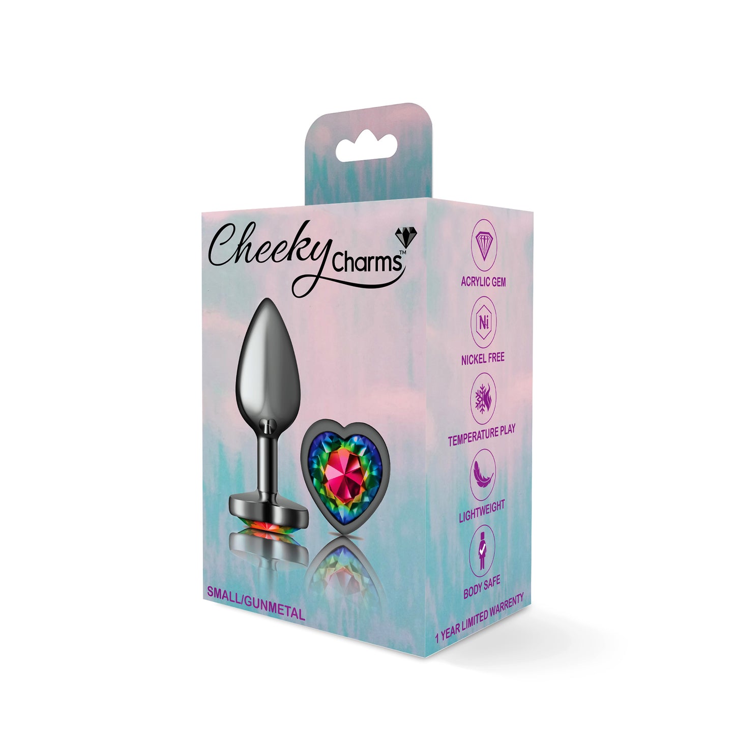 Cheeky Charms-Gunmetal Metal Butt Plug- Heart-Rainbow-Small | 850018691321 | Available at EroticWarehouse.com