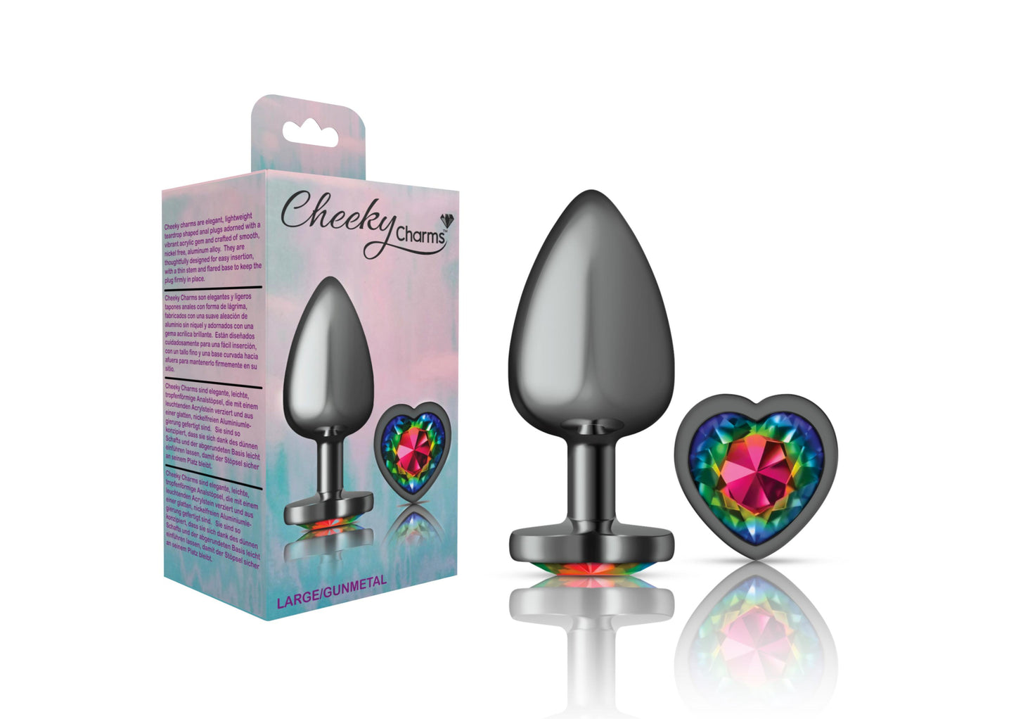 Cheeky Charms-Gunmetal Metal Butt Plug- Heart-Rainbow-Large | 850018691345 | Available at EroticWarehouse.com