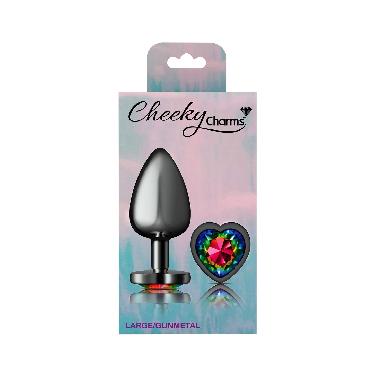 Cheeky Charms-Gunmetal Metal Butt Plug- Heart-Rainbow-Large | 850018691345 | Available at EroticWarehouse.com