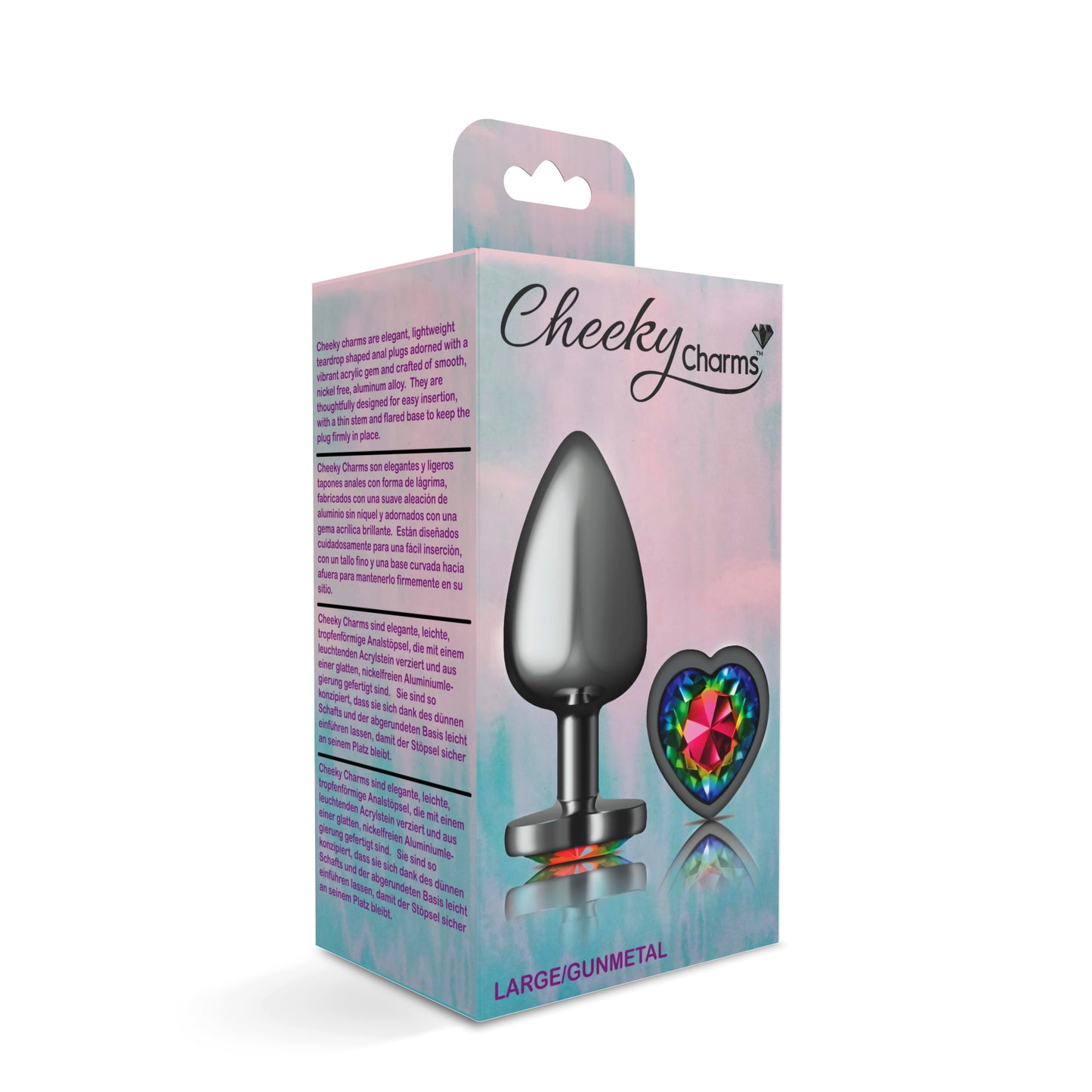 Cheeky Charms-Gunmetal Metal Butt Plug- Heart-Rainbow-Large | 850018691345 | Available at EroticWarehouse.com