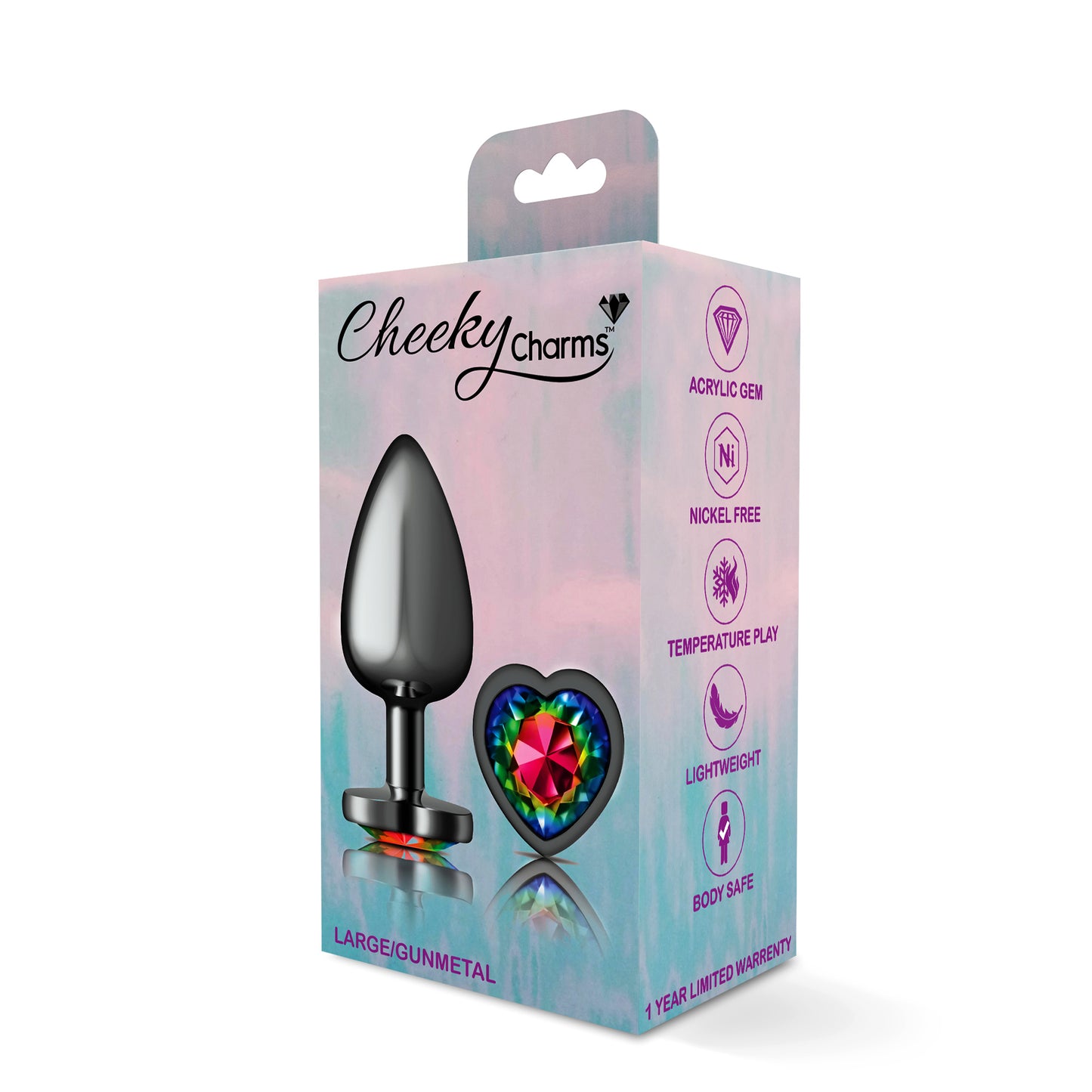 Cheeky Charms-Gunmetal Metal Butt Plug- Heart-Rainbow-Large | 850018691345 | Available at EroticWarehouse.com