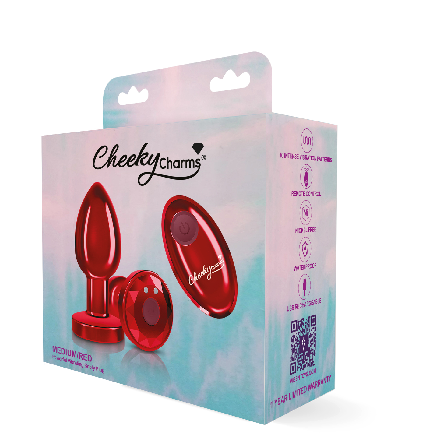 Cheeky Charms - Rechargeable Vibrating Metal Butt Plug With Remote Control - Red - Small | 850018691420 | Available at EroticWarehouse.com