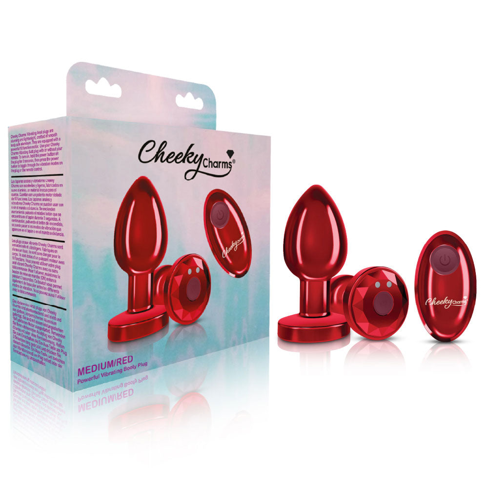 Cheeky Charms - Rechargeable Vibrating Metal Butt Plug With Remote Control - Red - Medium | 850018691437 | Available at EroticWarehouse.com