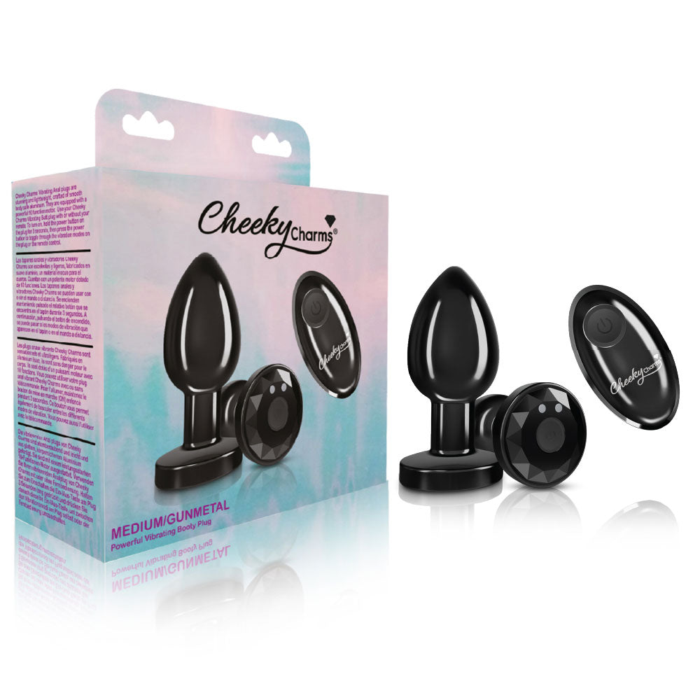 Cheeky Charms - Rechargeable Vibrating Metal Butt Plug With Remote Control - Gunmetal - Medium | 850018691451 | Available at EroticWarehouse.com