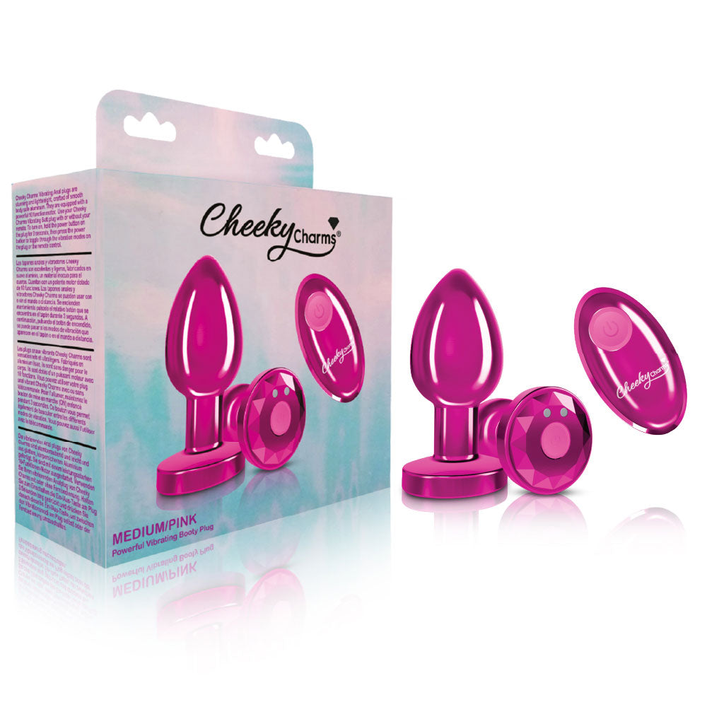 Cheeky Charms - Rechargeable Vibrating Metal Butt Plug With Remote Control - Pink - Medium | 850018691475 | Available at EroticWarehouse.com