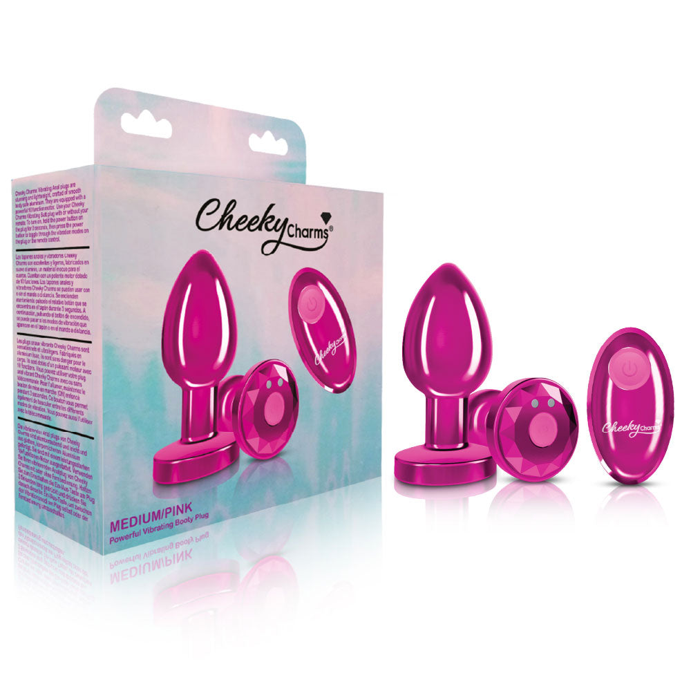 Cheeky Charms - Rechargeable Vibrating Metal Butt Plug With Remote Control - Pink - Medium | 850018691475 | Available at EroticWarehouse.com