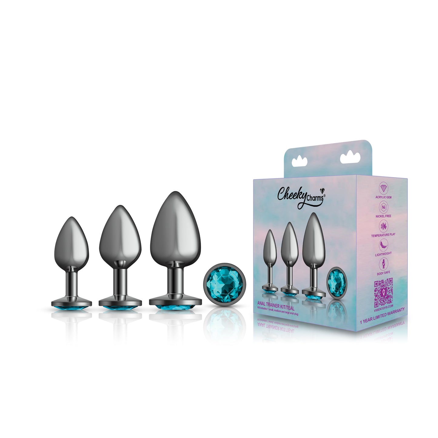 Cheeky Charms - Metal Butt Plug Gunmetal - Round - Teal - Anal Trainer Kit | 850018691505 | Available at EroticWarehouse.com