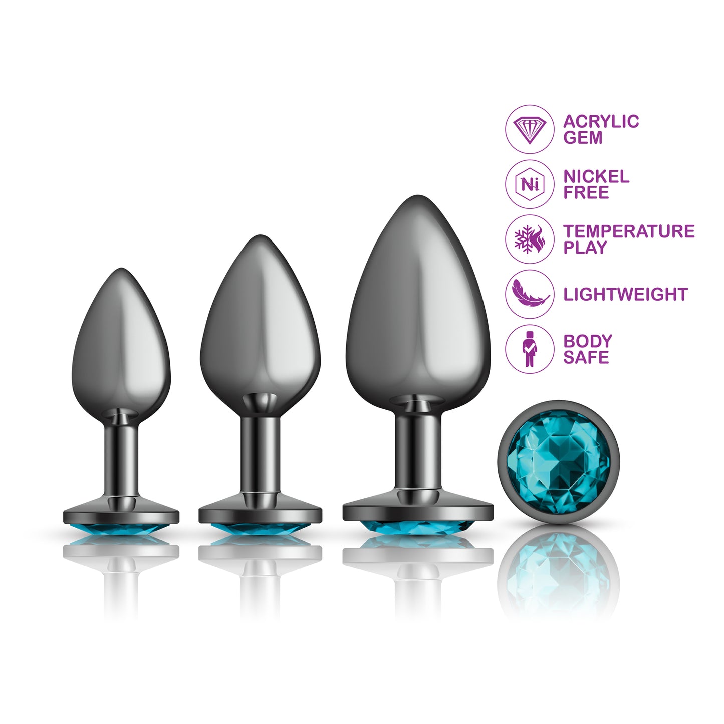 Cheeky Charms - Metal Butt Plug Gunmetal - Round - Teal - Anal Trainer Kit | 850018691505 | Available at EroticWarehouse.com