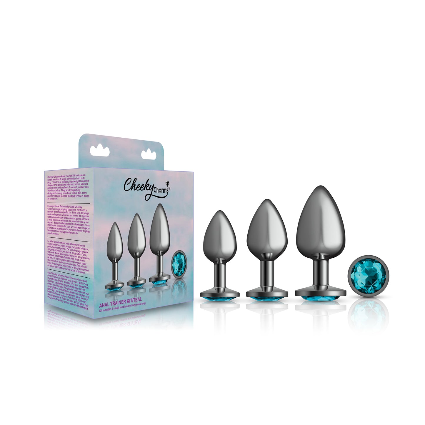 Cheeky Charms - Metal Butt Plug Gunmetal - Round - Teal - Anal Trainer Kit | 850018691505 | Available at EroticWarehouse.com