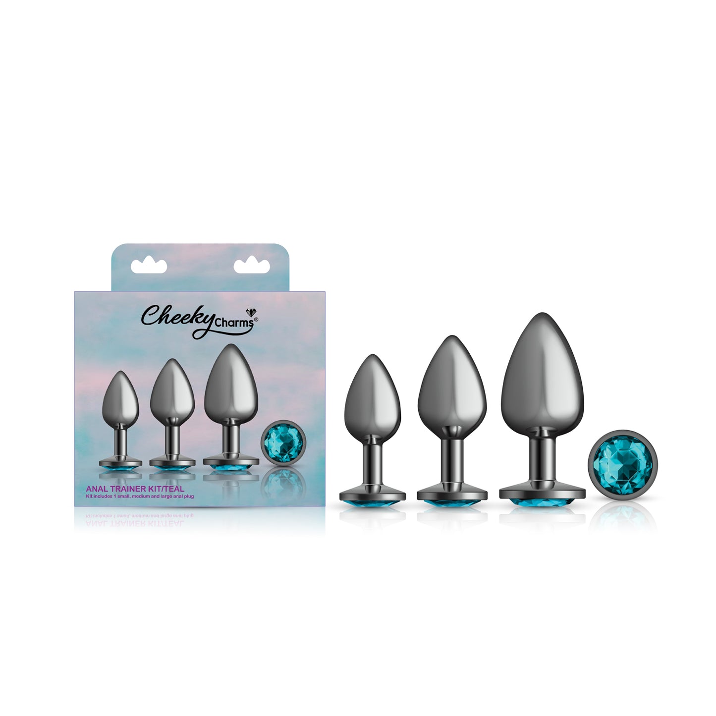Cheeky Charms - Metal Butt Plug Gunmetal - Round - Teal - Anal Trainer Kit | 850018691505 | Available at EroticWarehouse.com