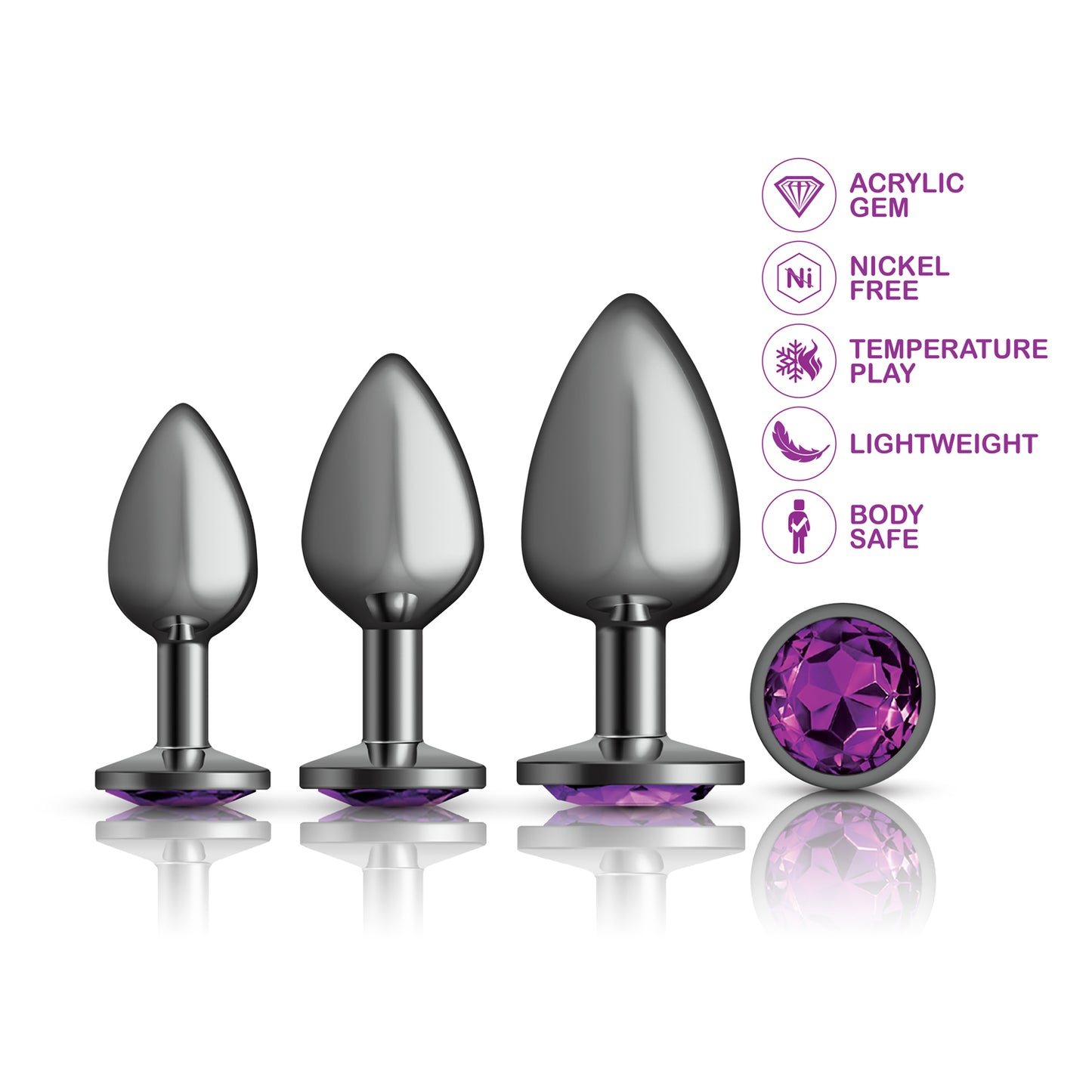 Cheeky Charms - Metal Butt Plug Gunmetal - Round - Deep Purple - Anal Trainer Kit | 850018691512 | Available at EroticWarehouse.com